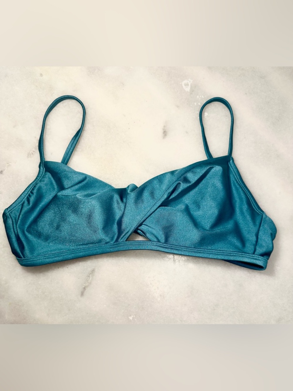Xhilaration Metallic Teal Satin Bikini Top - Sleek Twist Front Sz L -New w/ Tags
